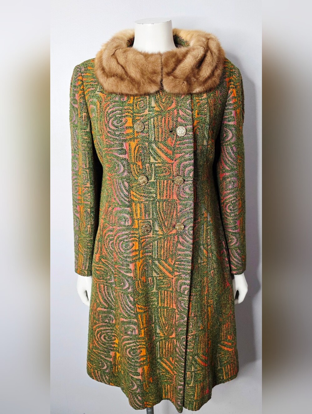 Vintage-Inspired Green Patterned Wool Coat with Fur Collar
